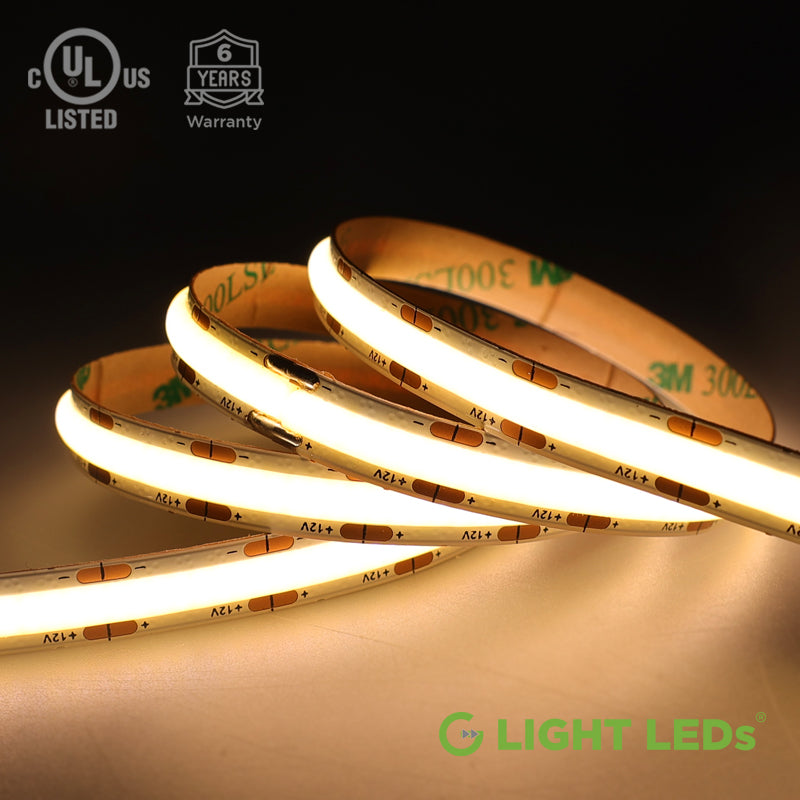 12V DC COB LED Strip Light, UL Listed, Warm White, 3000K