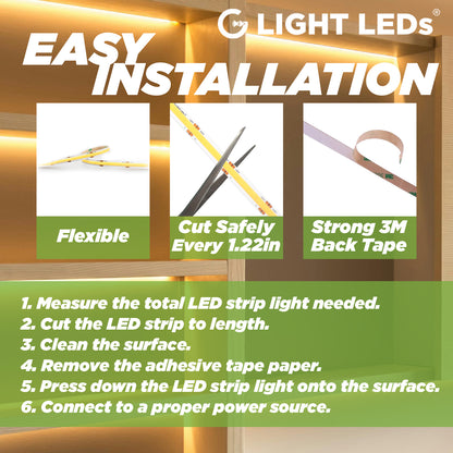 Easy Installation COB LED Strip Light, Flexible, Cuttable, 3M 300LSE tape